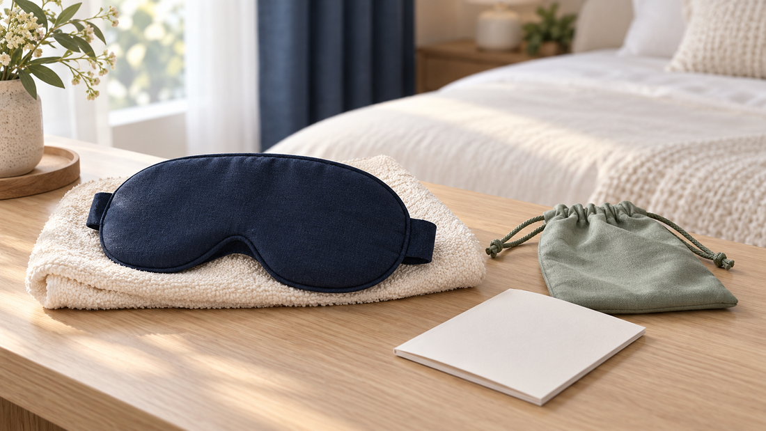 Illustration of a generic navy sleep mask on a folded ivory towel beside a sage pouch and a plain care booklet.