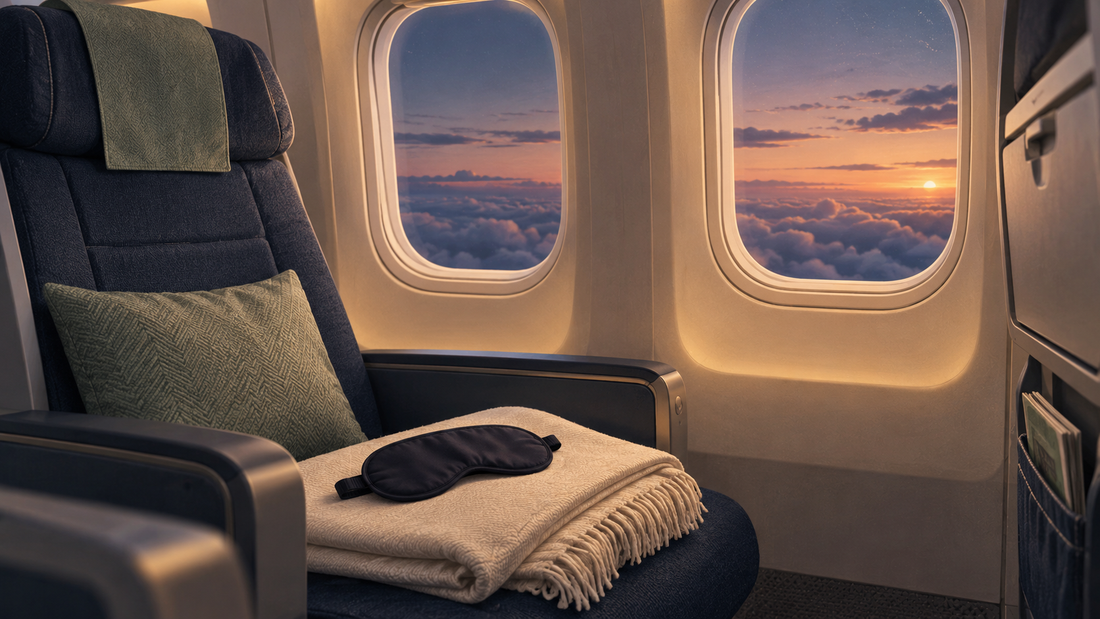 Illustration of a quiet airplane window seat with a sleep mask on a folded travel blanket at dusk.