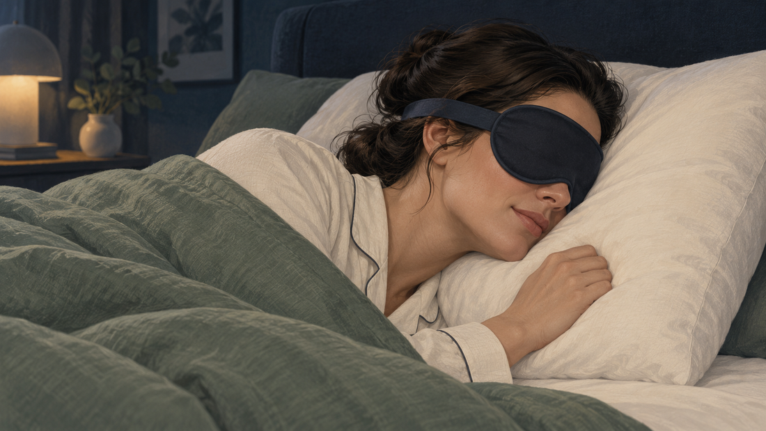 Illustration of an adult resting on her side with a generic sleep mask and an ivory pillow.