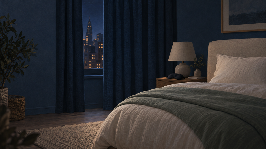 Illustration of a dim bedroom with dark curtains, an ivory bed, and a sleep mask on the bedside table.