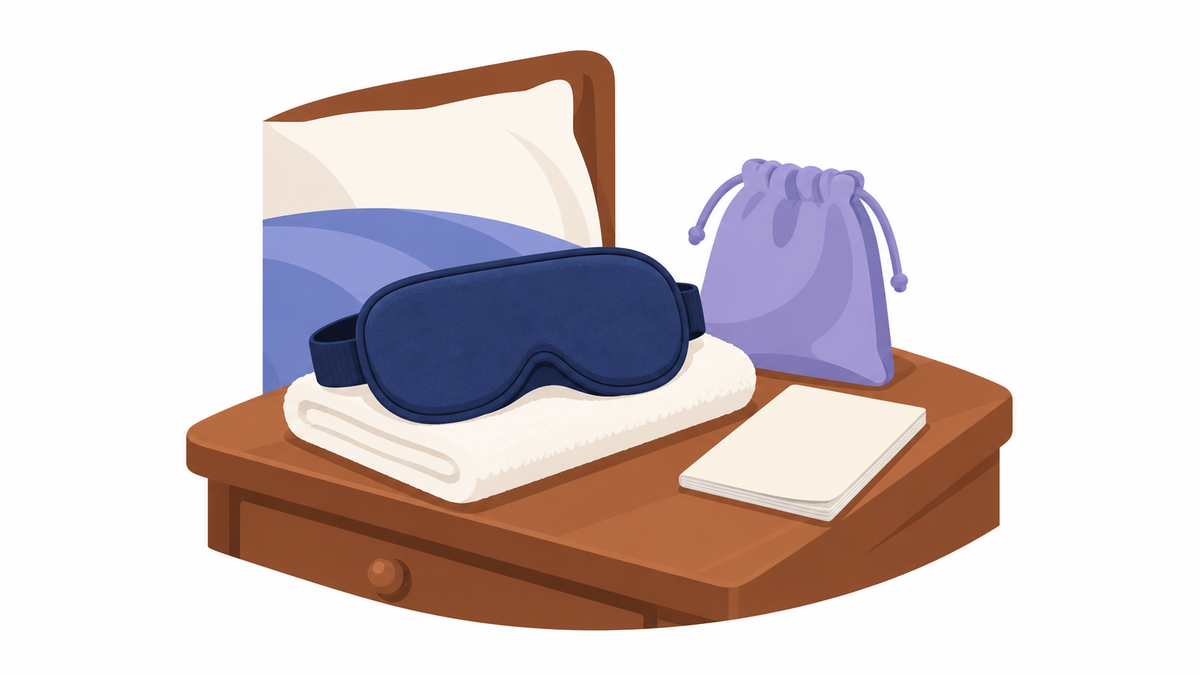 Flat cartoon illustration of a generic sleep mask on a folded towel beside a lavender pouch and a plain instruction booklet.
