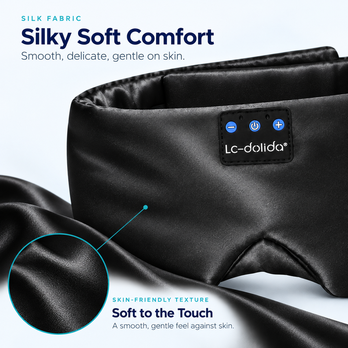 Close-up of the silk sleep mask fabric and audio controls