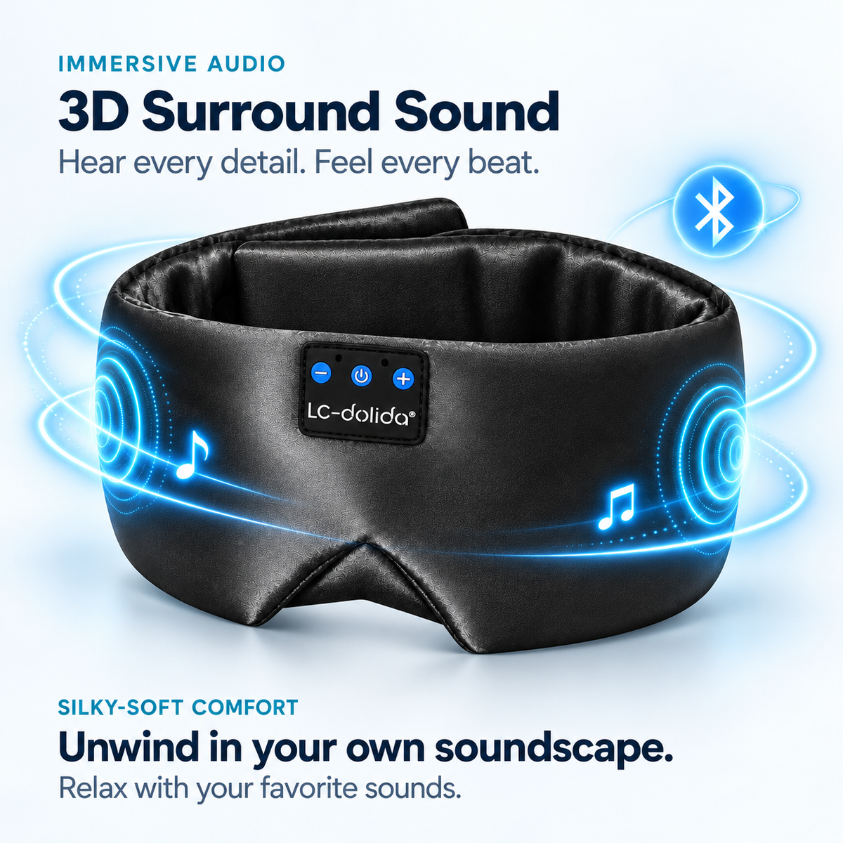 Wireless audio graphic showing the built-in speaker positions in the silk mask