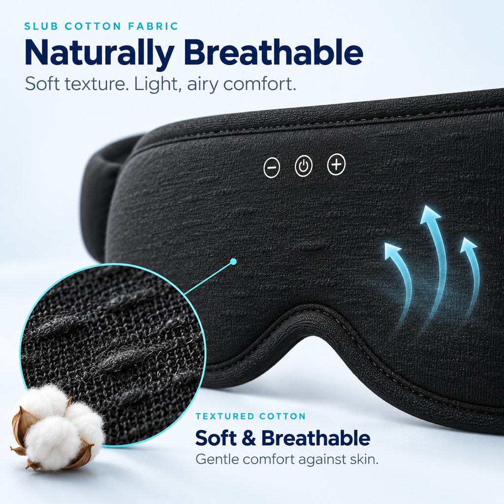 Close-up of the textured black sleep mask fabric and front controls