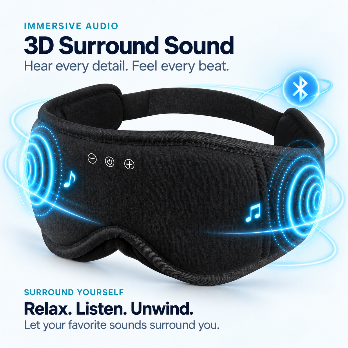 Wireless audio graphic showing built-in speaker positions in the 3D sleep mask
