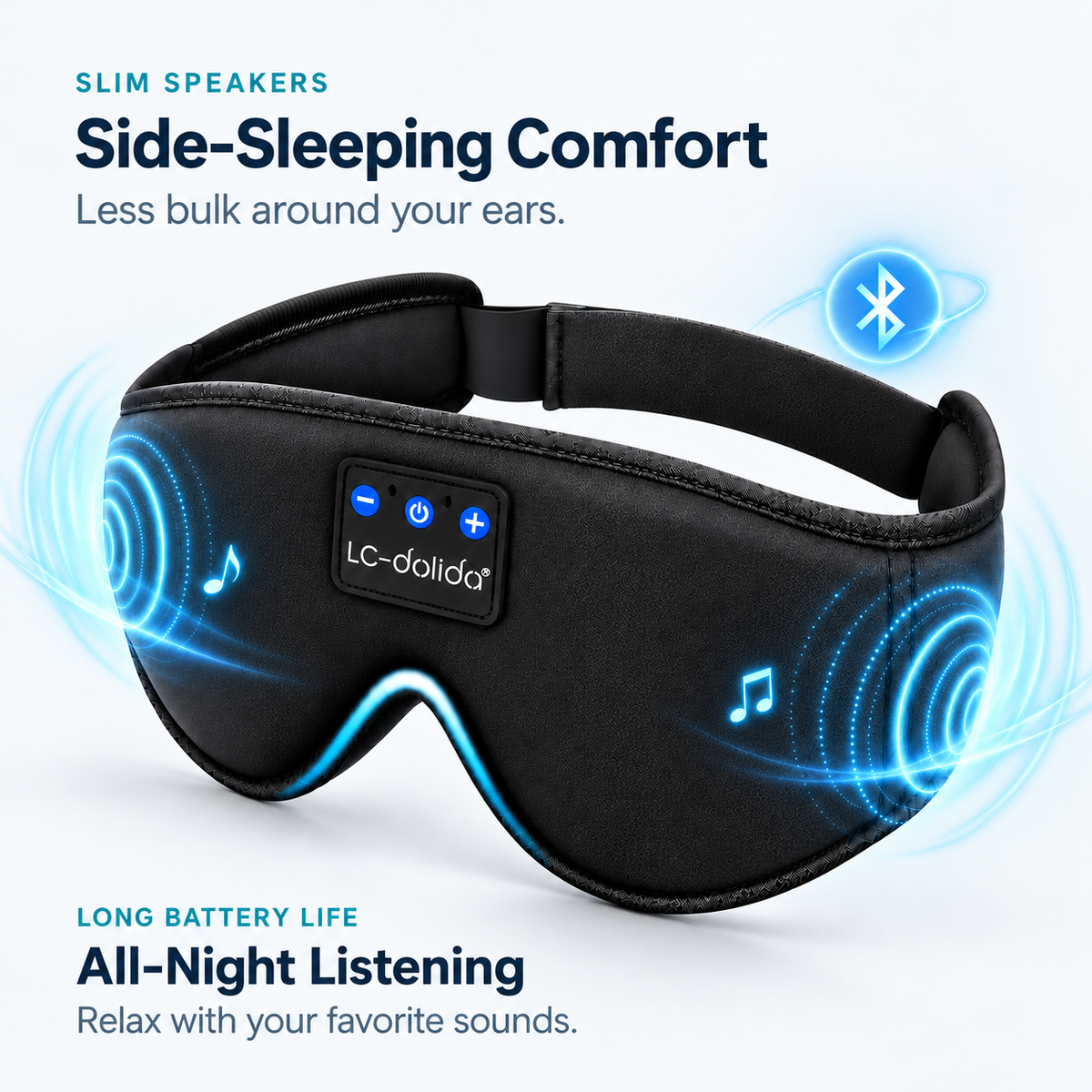 LC-dolida sleep mask graphic highlighting slim speakers for side sleeping