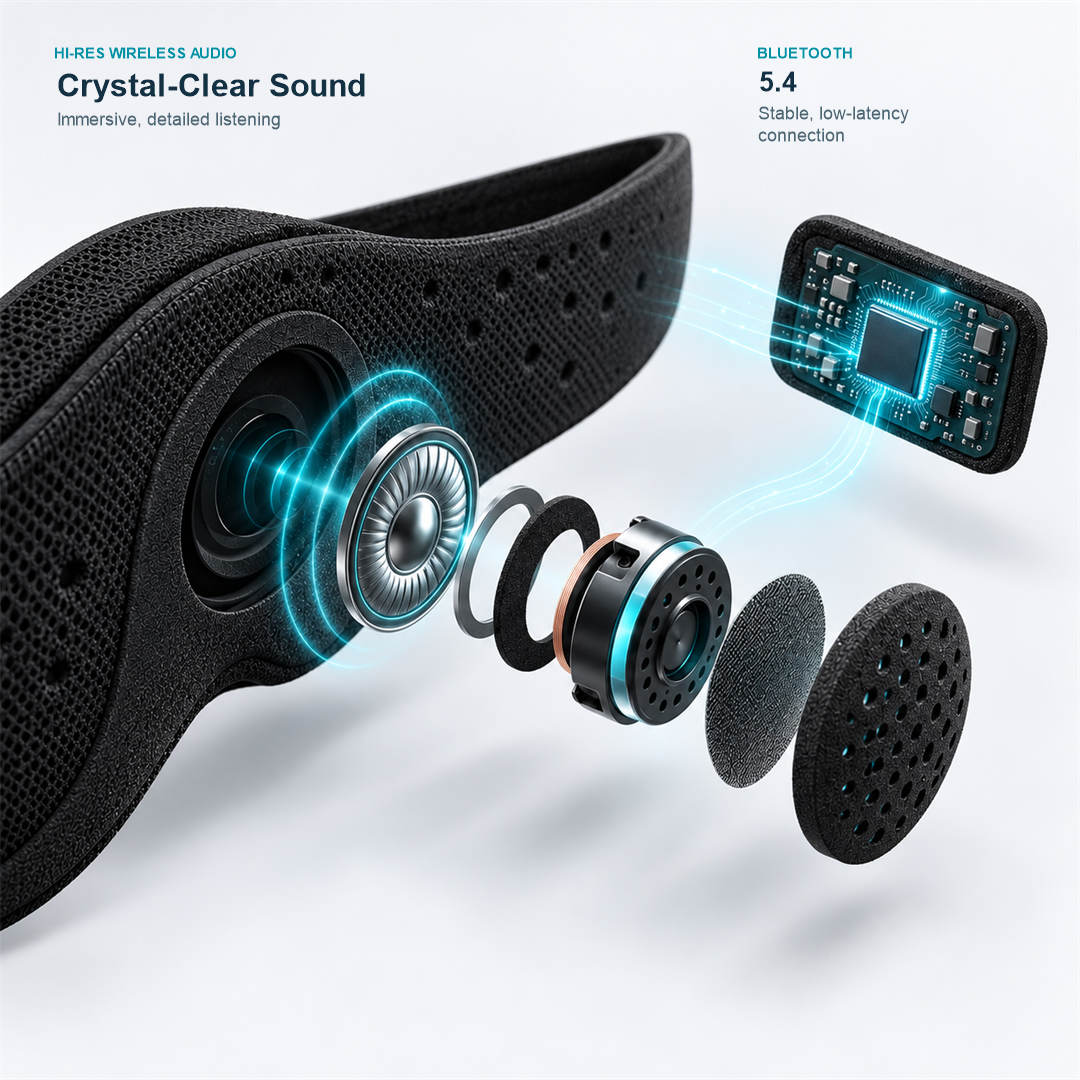 Illustration of sleep mask speaker components and the Bluetooth 5.4 module