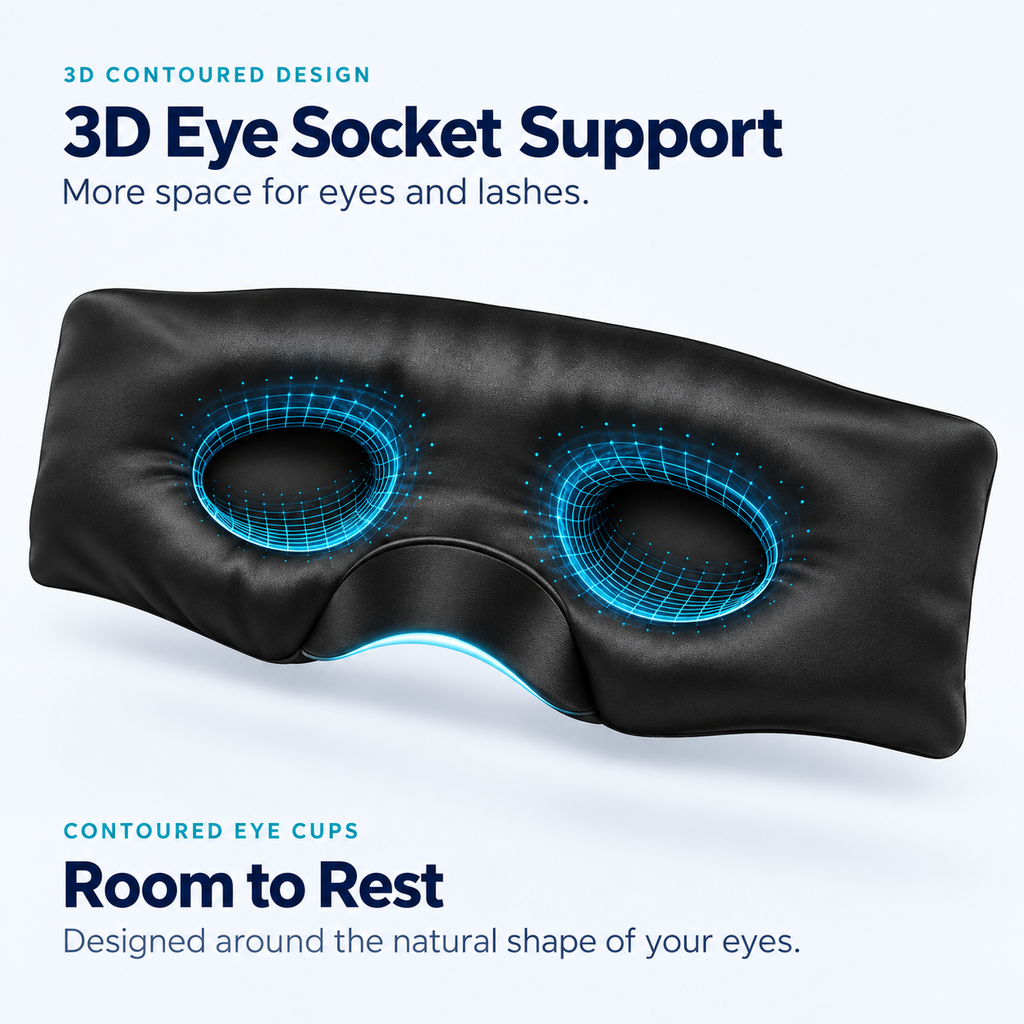 Interior eye cups of the 3D silk sleep mask with a contoured-space graphic