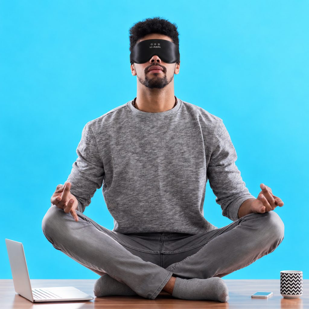 Man meditating while wearing a black LC-dolida silk sleep mask