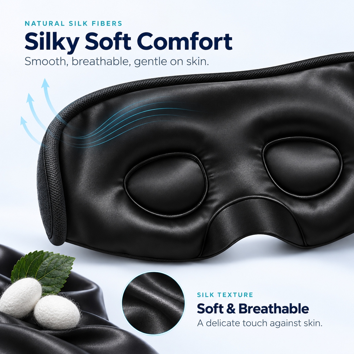 Close-up of the silk sleep mask lining and smooth fabric texture