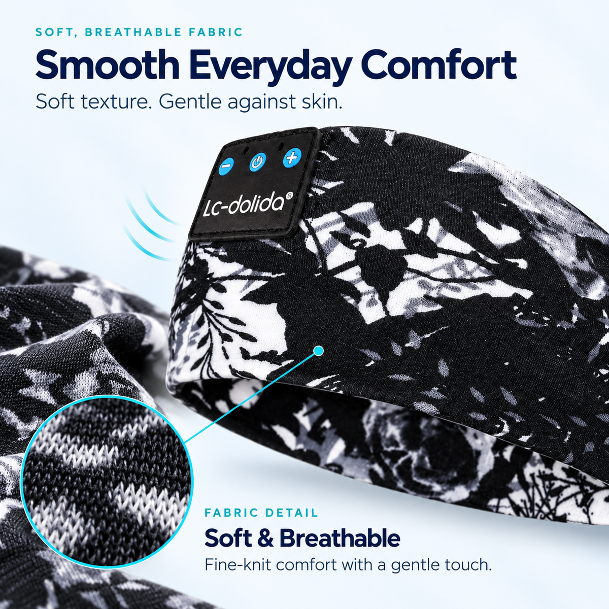 Close-up of the printed headband fabric and audio controls