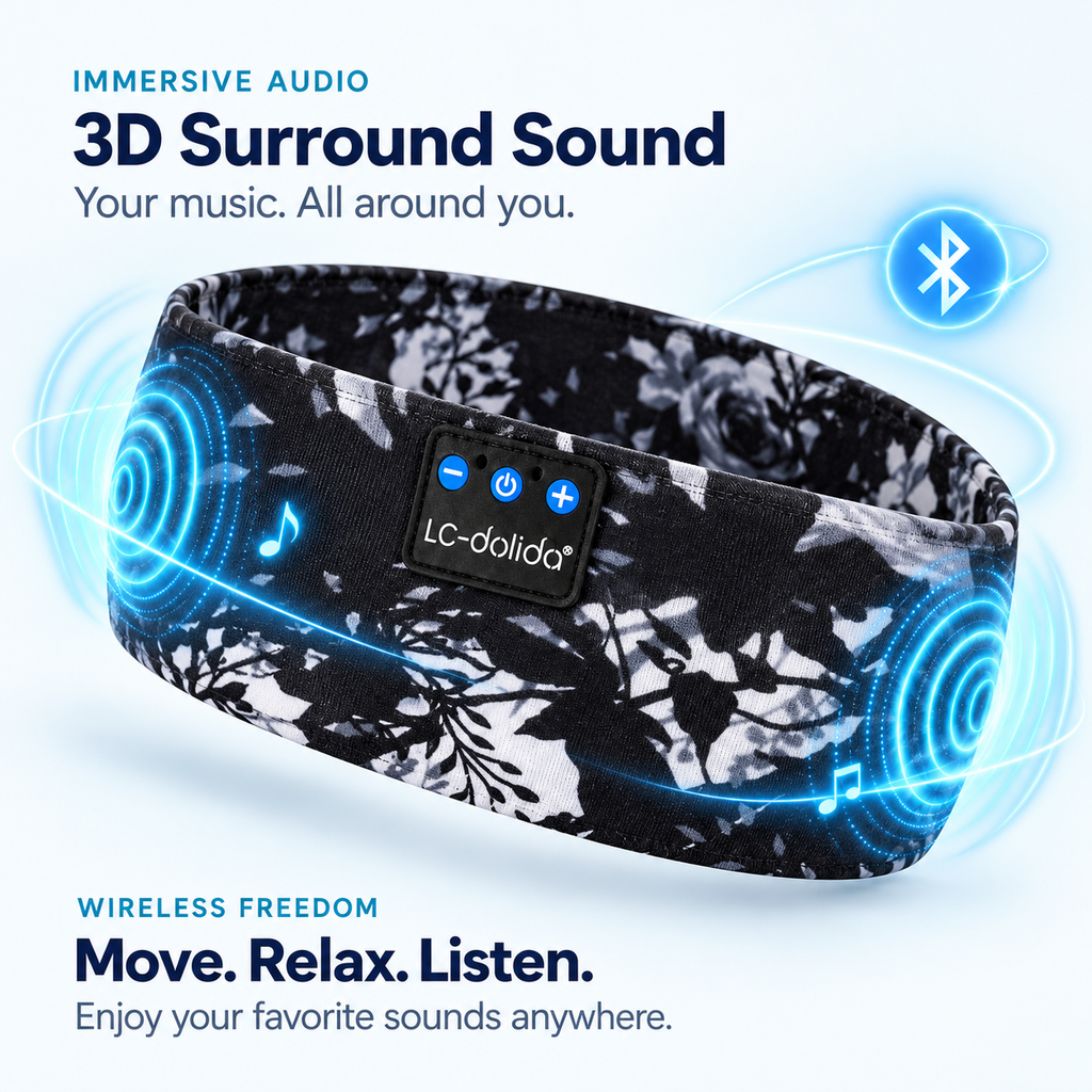 Wireless audio illustration showing speakers inside the printed headband