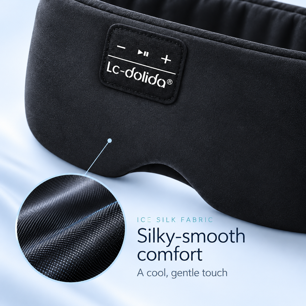 Close-up of the ice-silk sleep mask fabric and front controls