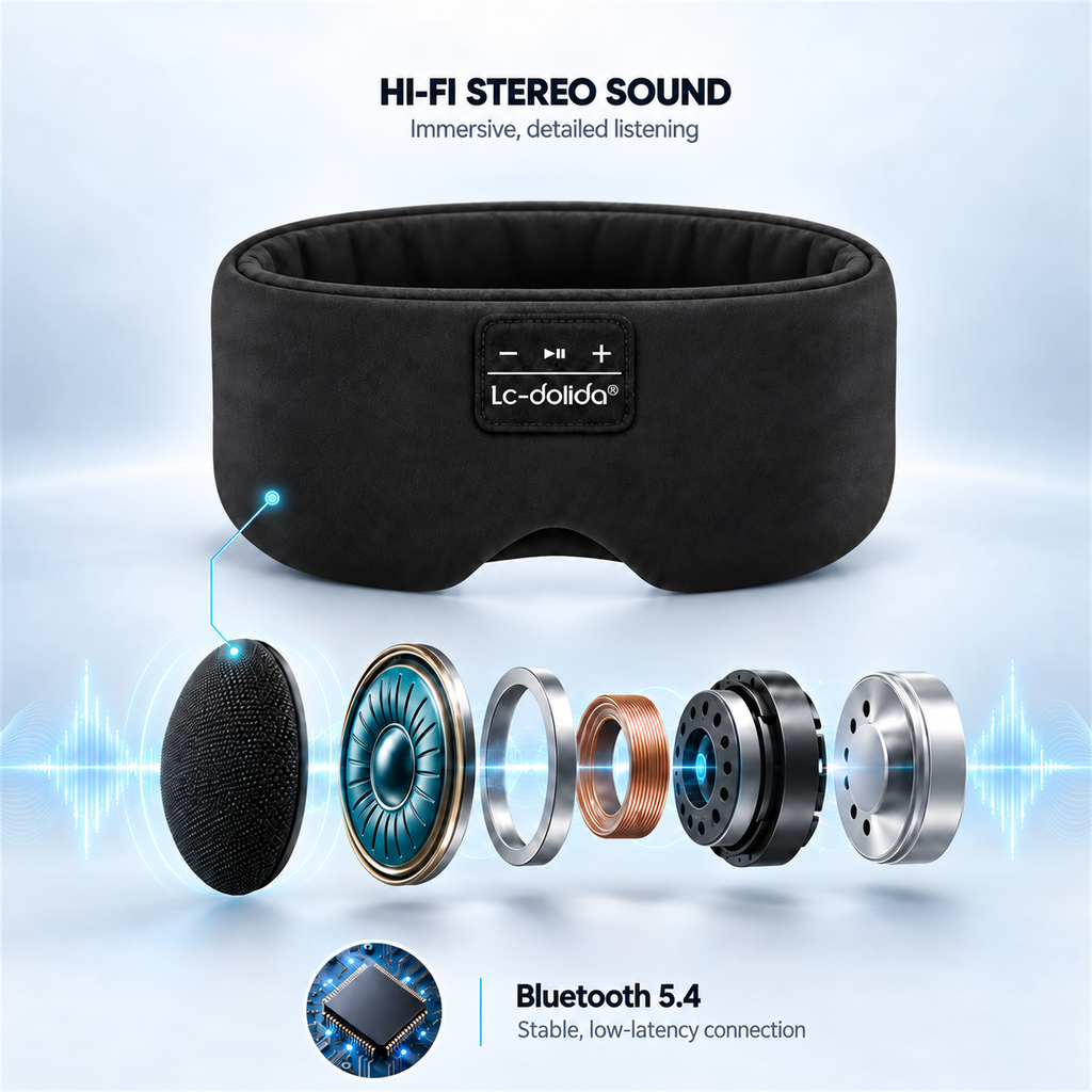 Illustration of stereo speaker components and Bluetooth 5.4 in the sleep mask