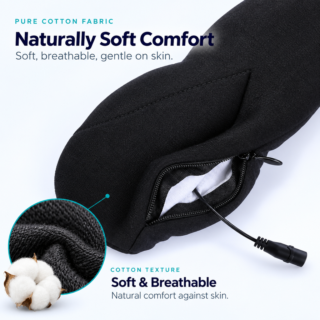 Close-up of the sleep mask fabric and zippered electronic compartment