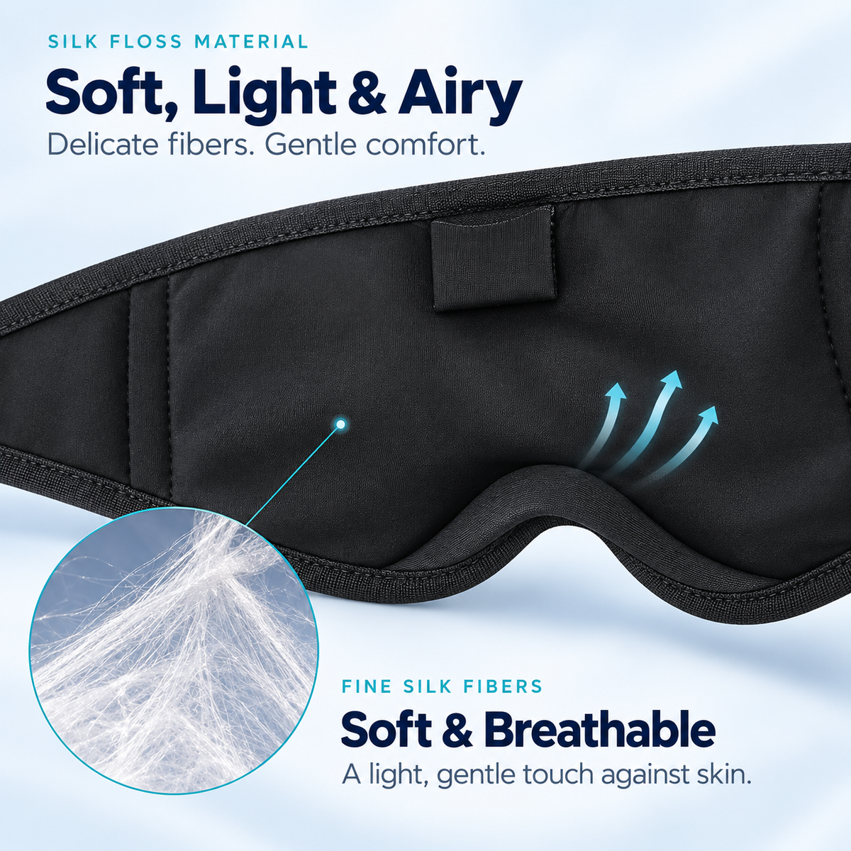 Interior sleep mask lining with a graphic illustrating soft fibers