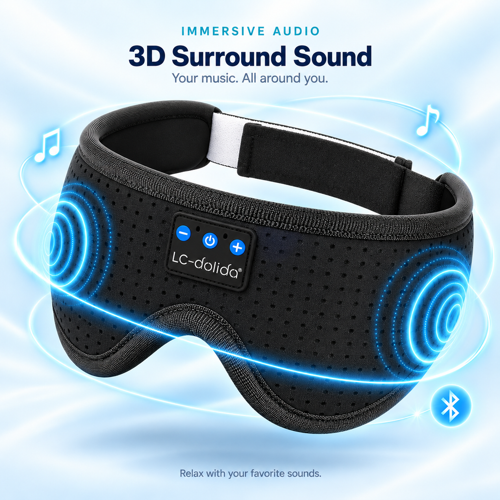 Wireless audio illustration showing the sleep mask and built-in speaker positions
