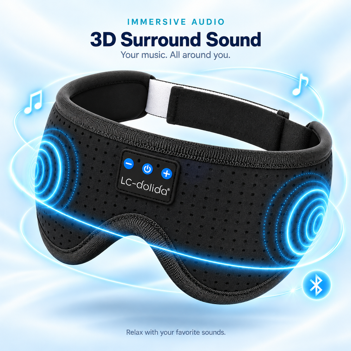 Wireless audio illustration showing the sleep mask and built-in speaker positions
