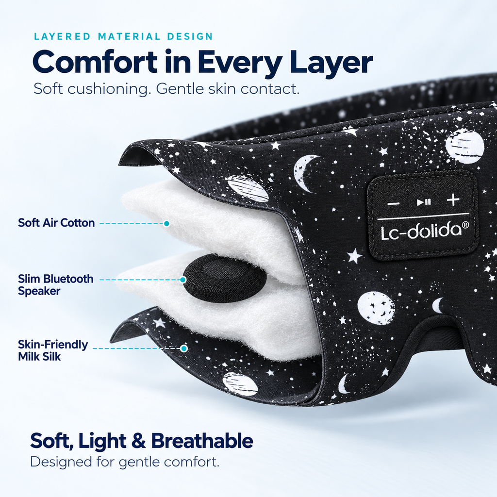 Cutaway illustration of the wraparound sleep mask padding and slim speaker