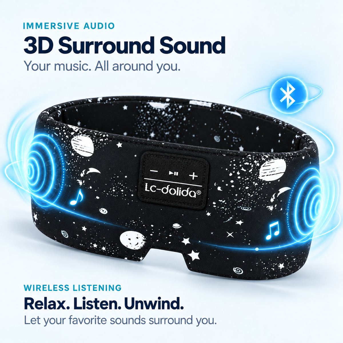 Wireless audio illustration showing speakers in the printed wraparound mask